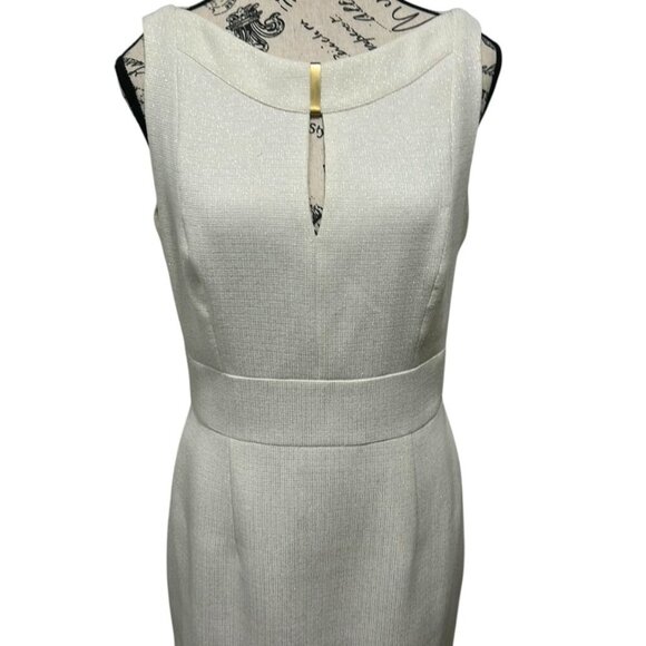 Tahari Ivory Gold Shimmer Sheath Dress Size 8 - Picture 3 of 13